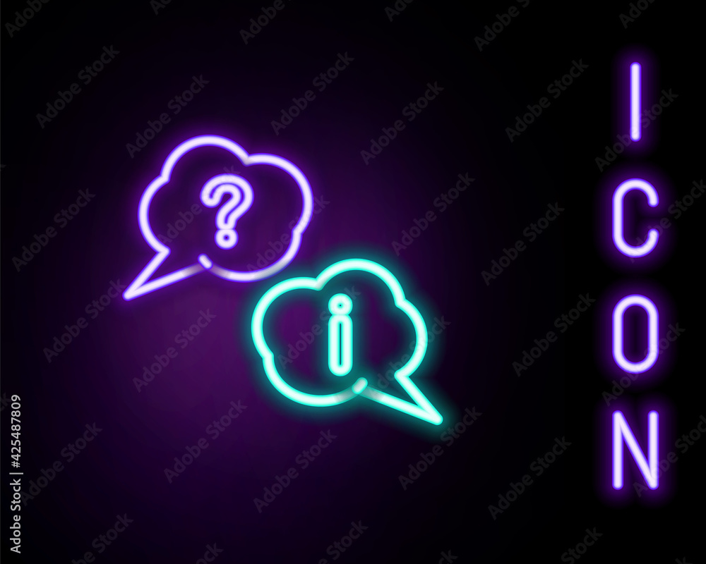 Poster glowing neon line speech bubbles with question and exclamation icon isolated on black background. fa