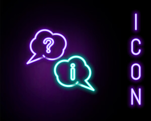Glowing neon line Speech bubbles with Question and Exclamation icon isolated on black background. FAQ sign. Copy files, chat speech bubble and chart. Colorful outline concept. Vector