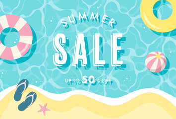 summer vector background with beach illustrations for banners, cards, flyers, social media wallpapers, etc. - obrazy, fototapety, plakaty