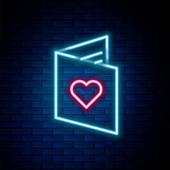 Glowing neon line Valentines day flyer with heart icon isolated on brick wall background. Celebration poster template for invitation or greeting card. Colorful outline concept. Vector