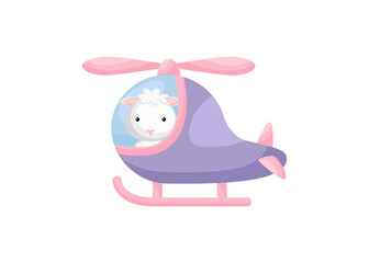 Cute little sheep pilot in violet helicopter. Cartoon character for childrens book, album, baby shower, greeting card, party invitation, house interior. Vector stock illustration.