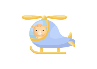 Cute little camel pilot in blue helicopter. Cartoon character for childrens book, album, baby shower, greeting card, party invitation, house interior. Vector stock illustration.