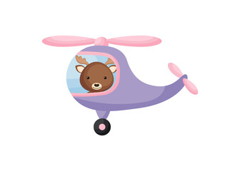 Cute little moose pilot in violet helicopter. Cartoon character for childrens book, album, baby shower, greeting card, party invitation, house interior. Vector stock illustration.