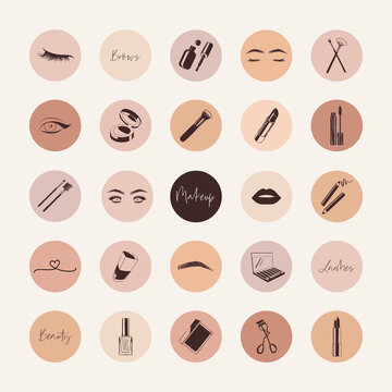 Cosmetics icons, makeup elements, makeup artist social media highlight covers