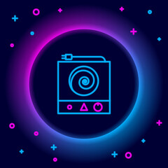 Glowing neon line Electric stove icon isolated on black background. Cooktop sign. Hob with four circle burners. Colorful outline concept. Vector