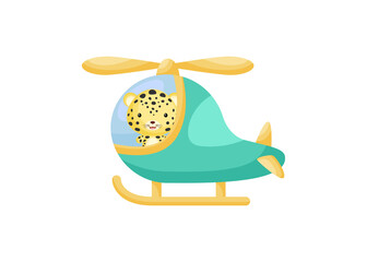 Cute little jaguar pilot in emerald helicopter. Cartoon character for childrens book, album, baby shower, greeting card, party invitation, house interior. Vector stock illustration.