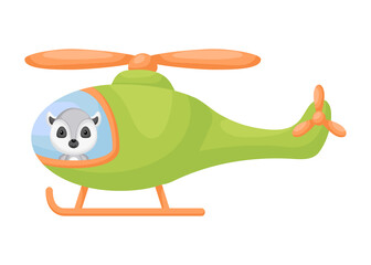 Fototapeta na wymiar Cute little lemur pilot in green helicopter. Cartoon character for childrens book, album, baby shower, greeting card, party invitation, house interior. Vector stock illustration.