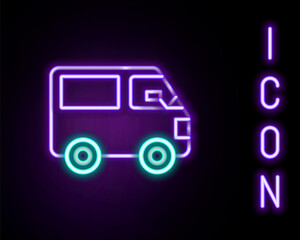 Glowing neon line Delivery cargo truck vehicle icon isolated on black background. Colorful outline concept. Vector