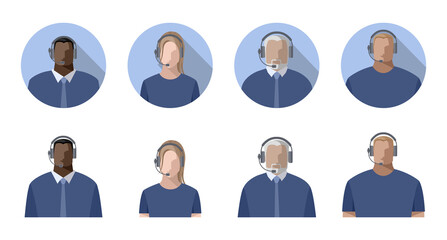 Operators men and women online, wearing headphones with a microphone, headset. Call center concept or support service, streamers, bloggers. Color avatars, isolated vector illustrations