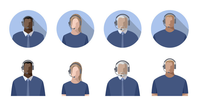 Operators men and women online, wearing headphones with a microphone, headset. Call center concept or support service, streamers, bloggers. Color avatars, isolated vector illustrations