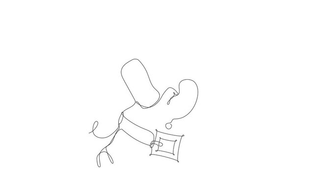 Self drawing animation of continuous line drawing  of Santa Claus carrying sack on his shoulders. Concept of Christmas symbols, holiday season. Black line on white background, isolated drawing. 