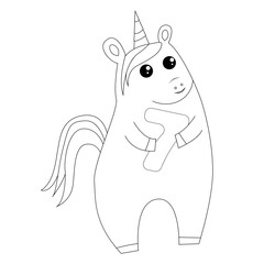 Cute fairy unicorn holding number 7 seven, coloring book in outline style, simple vector illustration
