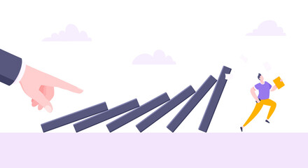 Domino effect or business cowardice metaphor vector illustration concept. Adult young businessman run away from hand falling domino line business concept problem solving and danger chain reaction.
