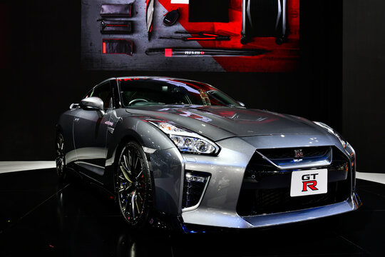 NONTHABURI - MARCH 24,2021:Detail of the front new Nissan GTR on display at The 42th Bangkok International Motor show in Nonthaburi, Thailand.