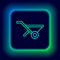 Glowing neon line Wheelbarrow icon isolated on black background. Tool equipment. Agriculture cart wheel farm. Colorful outline concept. Vector