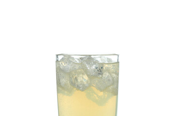 Glass of ginger beer with ice isolated on white