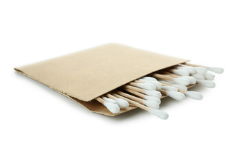 Cardboard with cotton swabs isolated on white background