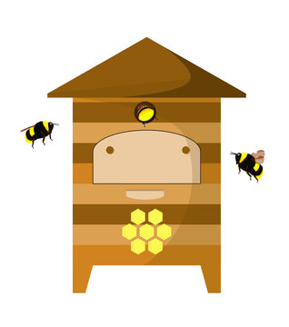 Wooden beehive with bees on a white background