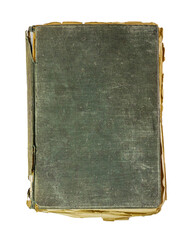 Old damaged book isolated on white background. Top view