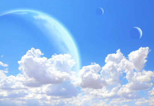Fantastic sky with white clouds and three planets
