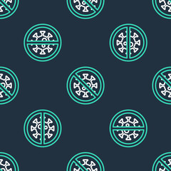 Line Stop virus icon isolated seamless pattern on black background. Corona virus 2019-nCoV. Bacteria and germs, cell cancer, microbe, fungi. Vector