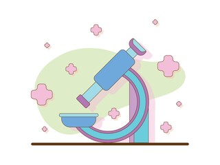 Microscope on a white background with small decorations. Study of viruses and bacteria for vaccine development. Vector illustration in a flat style.
