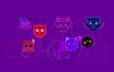 Gordijnen Groep Katten. Kleurrijke geïsoleerd op een donkere achtergrond Groep van katten lijn kunst grafische afbeelding. ©  danjazzia
