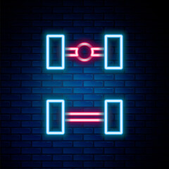 Glowing neon line Chassis car icon isolated on brick wall background. Colorful outline concept. Vector