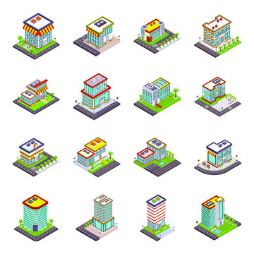 
Pack of City Buildings Isometric Icons 

