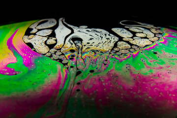 The colorful close-up surface of a soap bubble with weird psychedelic background and patterns.
Vivid rainbow colors in weird and strange patterns. 