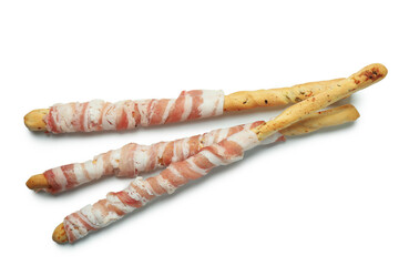 Grissini sticks with bacon isolated on white background