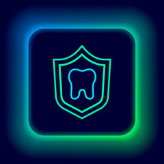 Fototapeta na wymiar Glowing neon line Dental protection icon isolated on black background. Tooth on shield logo. Colorful outline concept. Vector