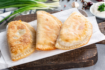 Cheburek, unleavened patty stuffed with minced meat.Traditional Tatar pastry, close - up