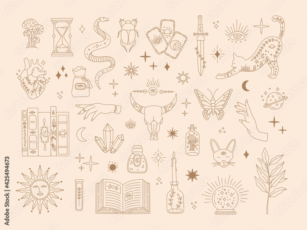 Wall mural Witchcraft sacred big set, mystic magical symbols for flash tattoo, hand drawn mystery gold line art collection, modern boho style elements sun, stars, eye, potion. Vector icons and logo illustration