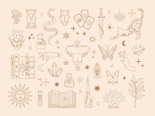 Witchcraft sacred big set, mystic magical symbols for flash tattoo, hand drawn mystery gold line art collection, modern boho style elements sun, stars, eye, potion. Vector icons and logo illustration © Alice