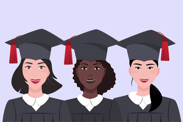 Group portraits young female students different races and nationalities.  Vector illustration happy  schoolchild, woman in cap and dress with university. The concept celebrating graduation ceremony.