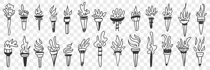 Torch with flame fire doodle set. Collection of hand drawn various torch with burning flame in row isolated on transparent background vector illustration  © drawlab19