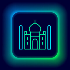 Glowing neon line Taj Mahal mausoleum in Agra, Indiaicon isolated on black background. Colorful outline concept. Vector