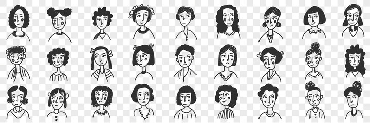 Hairstyles of brunette women and men doodle set. Collection of hand drawn female and male faces with various short and long straight and curly hairstyles portraits isolated on transparent background