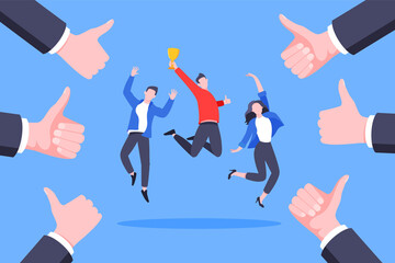 Employee recognition or proud worker of the month business concept flat style design vector illustration. Young adult man jumps in the air with trophy cup in the hand and many thumbs up around him. - obrazy, fototapety, plakaty