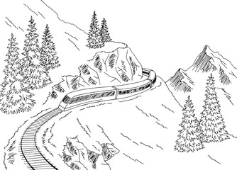 Mountain train railway graphic black white sketch illustration vector