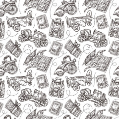 Graphic hand painted seamless pattern with travel and transport illustrations in vintage stile. Retro elements: cards, car, airplane, bicycle, backpack in the style of engraving. Textiles, wallpaper