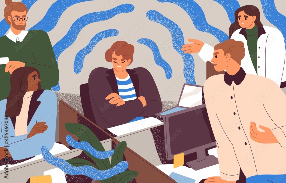Poster people conflicting with toxic selfish coworker. concept of unhealthy environment, teamwork problems 