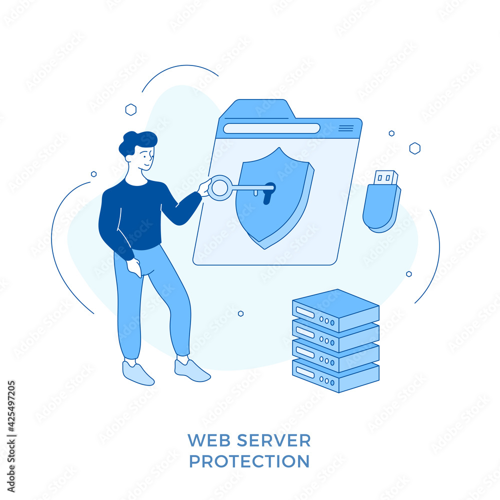 Poster linear flat web server protection. network security. male cartoon character inserts key into keyhole