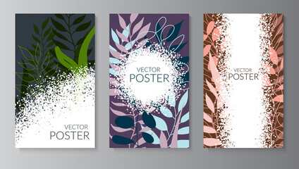 Natural background with colored leaves. Set of textured dotted posters with place for text. Modern flat design for packaging, advertising, congratulations, social networks. Vector