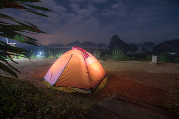 tourist camp in mountains night on smed nang she viewpoint at phang-nga Thailand