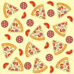 Pizza pieces painted in graphic style. Vector seamless pattern. Useful for restaurant identity, packaging, menu design and interior decorating