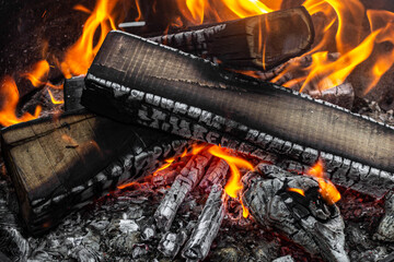 Bonfire flame. Burning logs close-up. Warm background. The charred tree. Bright fire. Combustion...