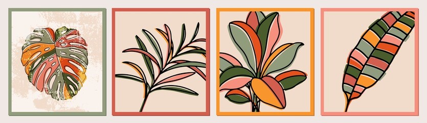 Botanical wall art collection. Exotic plants, banana, monstera leaves. Foliage line art drawing. Colorful minimal, abstract design for prints, cover, packaging, cosmetics, logo. Eco trendy style. © olechkaart