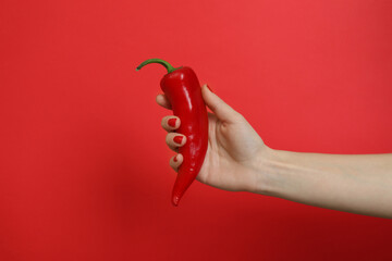 Female hand hold chili pepper on red background